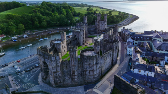 Aerial view of Caernarfon Castle and the River Seiont